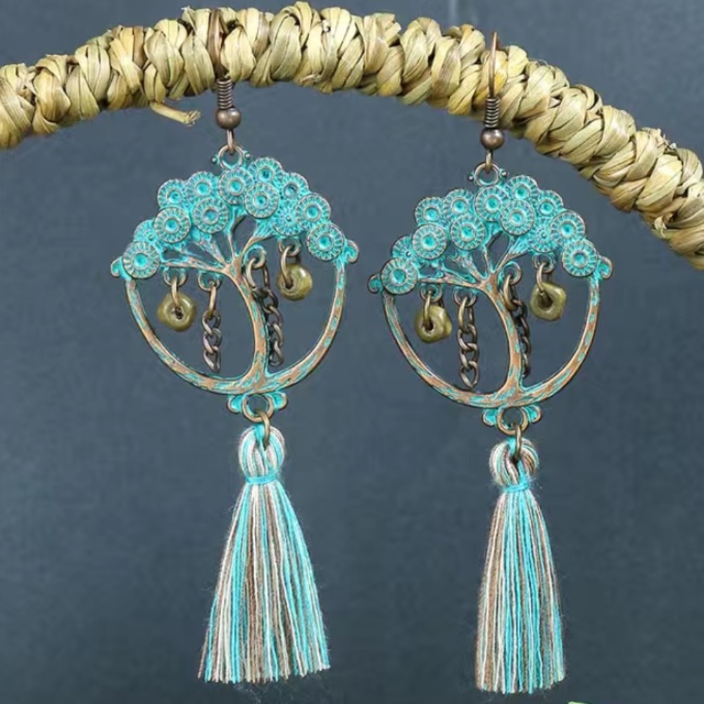 Tree of Life Dangling Tassel Earrings Costume Jewelry Copper Blue Patina - Picture 5 of 7